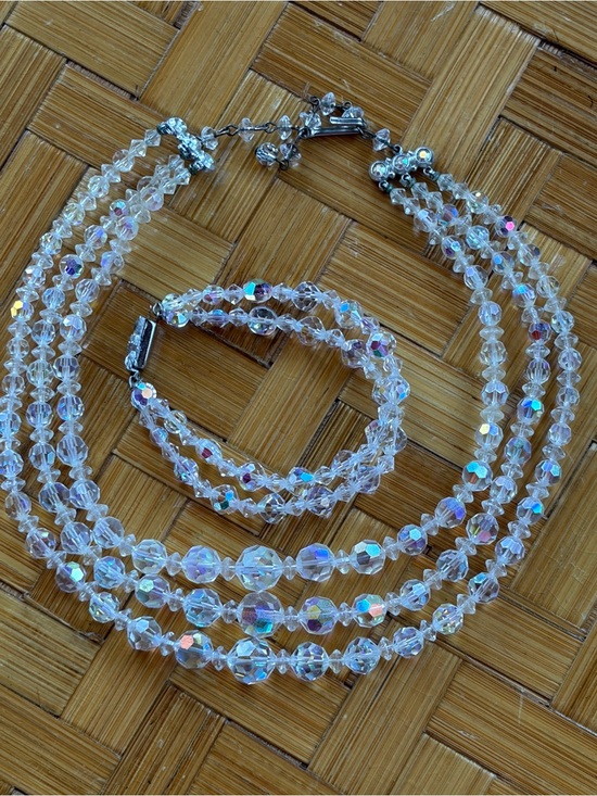 Vintage Jewelry - Vintage AB Crystal Necklace Bracelet Set Triple Strand Faceted Beads Bridal